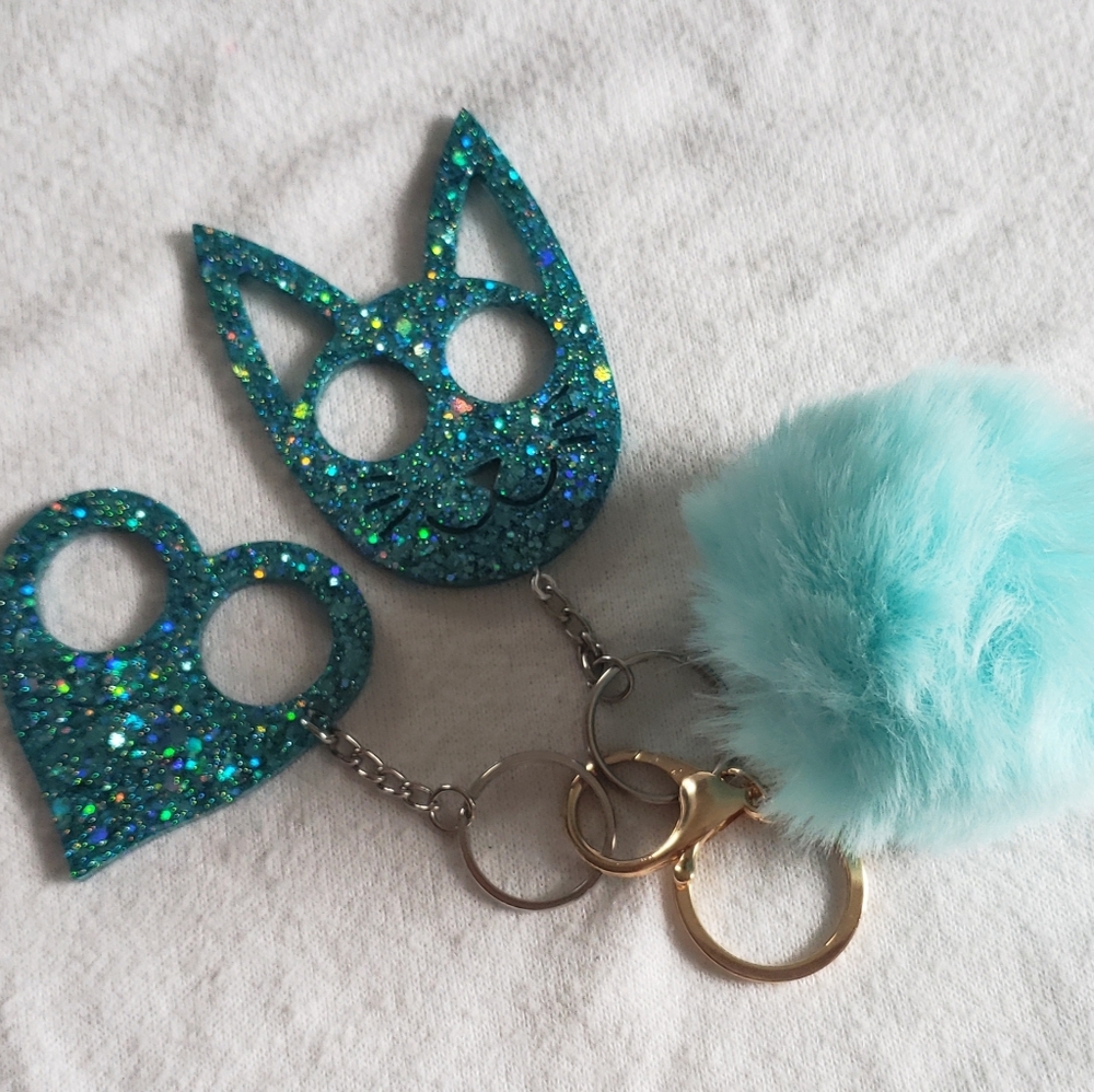Safety Cat & Heart Keychain W/ Matching Pom Pom